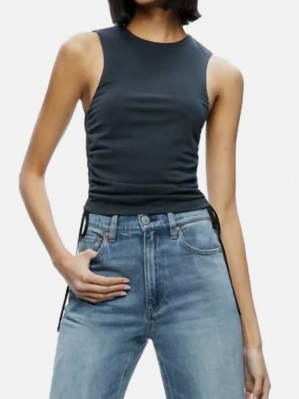 Chrissy Crewneck Ruched Crop Top In Black size S